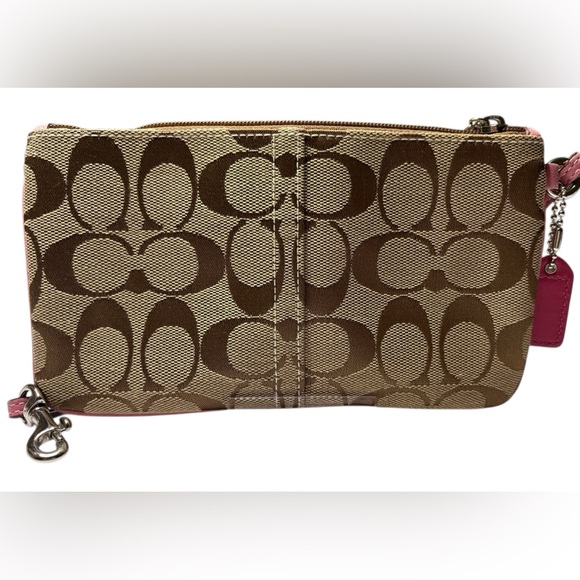 COACH Vintage Double Pocket Turnlock Wristlet Signature Sand Canvas Pink Leather - Picture 2 of 8